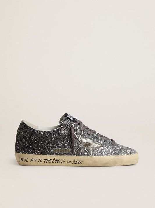 Super Star pour femme avec tige à paillettes et étoile en cuir lamé argentés